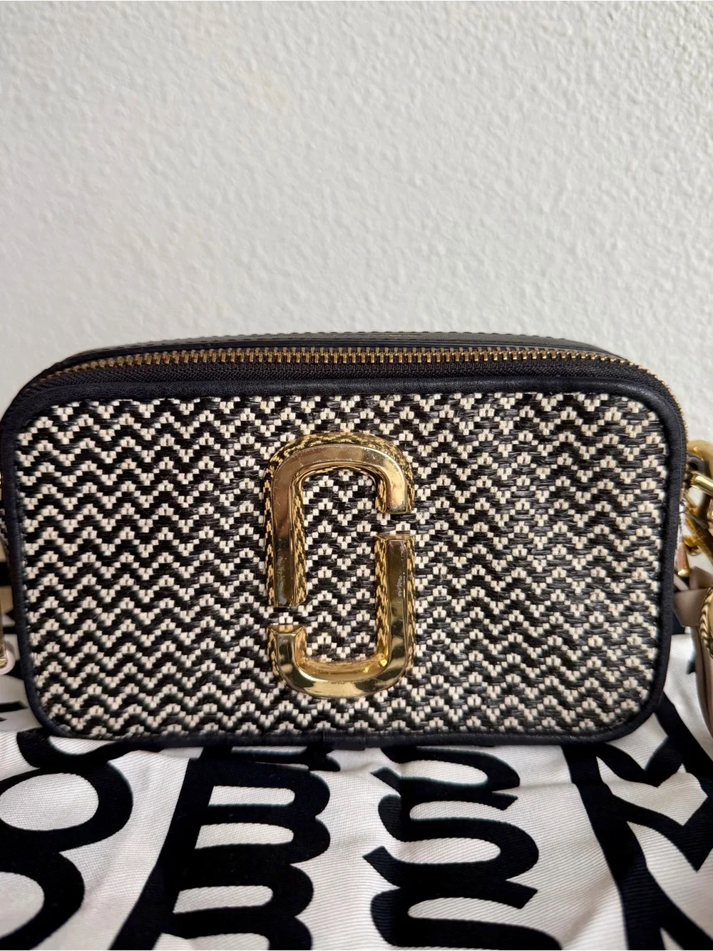 Marc Jacobs The Snapshot Woven Black & Cream Crossbody Bag
